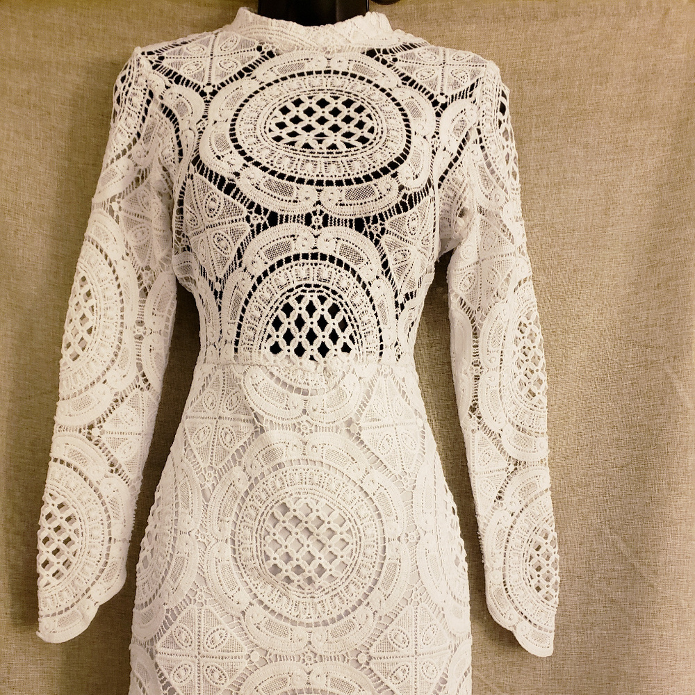 White Crochet Mock Neck Dress